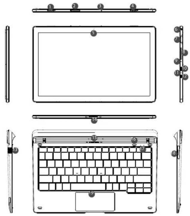 Technical diagram of a laptop with numbered parts for identification and assembly reference.