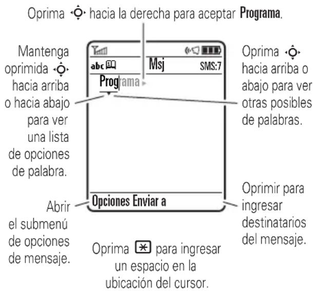 Oprima - hacia la derecha para aceptar Programa. Mantenga oprimida - hacia arriba o hacia abajo para ver una lista de opciones de palabra. Oprima - hacia arriba o abajo para ver otras posibles de palabras. Oprima Enviar a Oprimir para ingresar destinatarios del mensaje. Abrir el submenú de opciones de mensaje. Oprima * para ingresar un espacio en la ubicación del cursor.