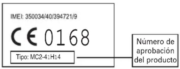 IMEI: 350034/40/394721/9 CE 0168 Tipo: MC2-41H14 Número de aprobación del producto