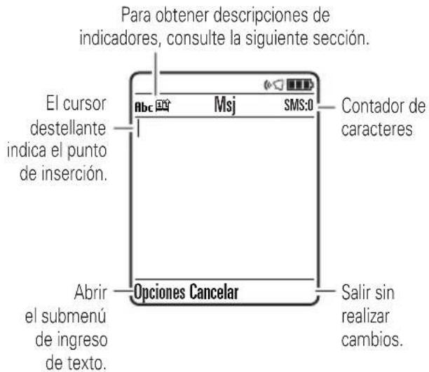 Para obtener descripciones de indicadores, consulte la siguiente sección. El cursor destellante indica el punto de inserción. Abrir el submenú de ingreso de texto. Opciones Cancelar Contador de caracteres Salir sin realizar cambios.