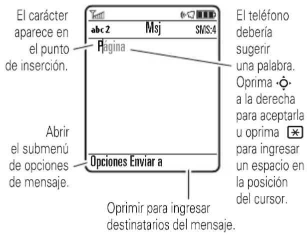 El carácter aparece en el punto de inserción. Página Abrir el submenú de opciones de mensaje. Opciones Enviar a Oprimir para ingresar destinatarios del mensaje. El teléfono debería sugerir una palabra. Oprima a la derecha para aceptarla u oprima para ingresar un espacio en la posición del cursor.