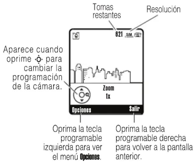 Tomas restantes Resolución Aparece cuando oprime - para cambiar la programación de la cámara. Zoom 1x Opciones Salir Oprima la tecla programable izquierda para ver el menú Opciones. Oprima la tecla programable derecha para volver a la pantalla anterior.