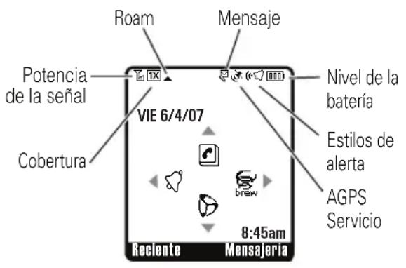 Roam Mensaje Potencia de la señal VIE 6/4/07 Nivel de la batería Estilos de alerta AGPS Servicio Cobertura 8:45am Reclente Mensajeria