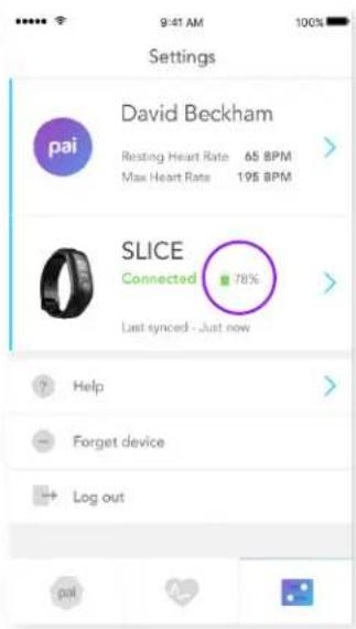Settings David Beckham pai Resting Heart Rate 65 BPM Max Heart Rate 195 BPM SLICE Connected 78% Last synced - Just now Help Forget device Log out