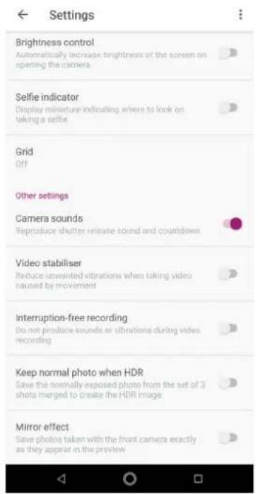 Settings Brightness control Automatically increase brightness of the screen on opening the camera Selfie indicator Display miniature indicating where to look on taking a selfie Grid Off Other settings Camera sounds Reproduce shutter release sound and countdown Video stabiliser Reduce unwanted vibrat…