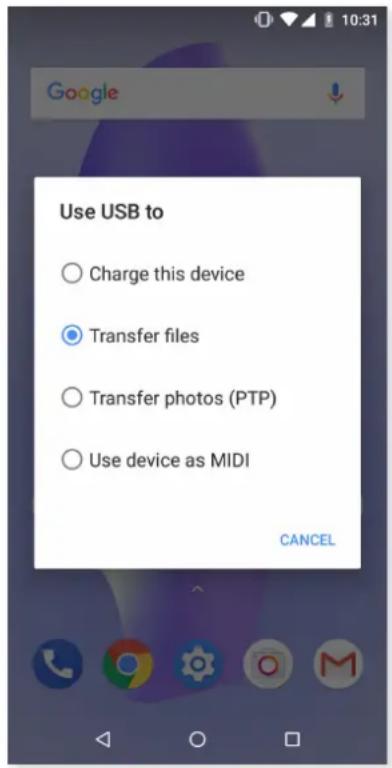 Use USB to Charge this device Transfer files Transfer photos (PTP) Use device as MIDI CANCEL