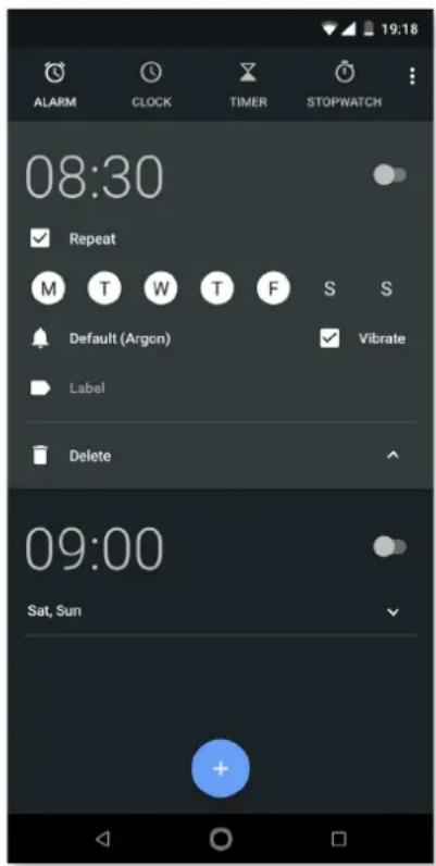 19:18 ALARM CLOCK TIMER STOPWATCH 08:30 Repeat M T W T F S S Default (Argon) Vibrate Label Delete 09:00 Sat, Sun