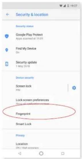 Security & location Security status Google Play Protect Apps scanned at 19:00 Find My Device On Security update 1 May 2018 Device security Screen lock PIN Lock screen preferences Show of device security Fingerprint Smart Lock Privacy Location ON / High accuracy