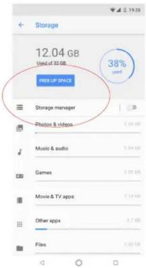 Storage 12.04 GB Used of 32 GB FREE UP SPACE 38% used Storage manager Photos & videos Music & audio Games Movie & TV apps Other apps Files