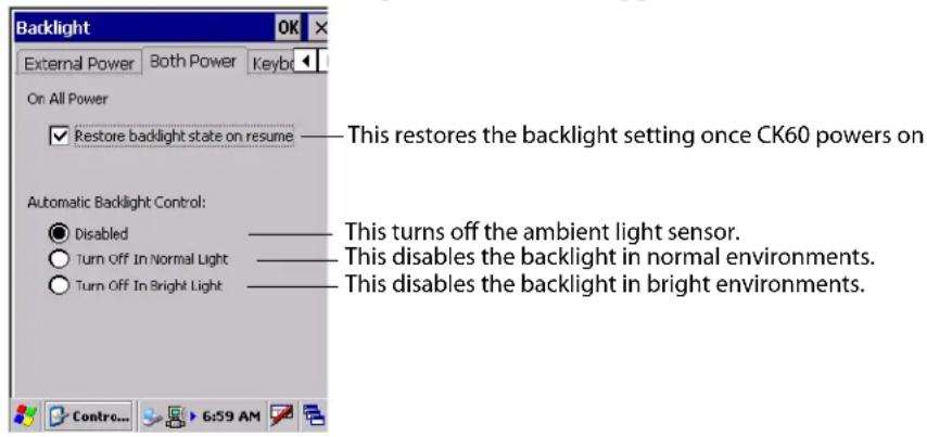 Intermec CK60 - To enable the ambient light sensor and change its settings - 2