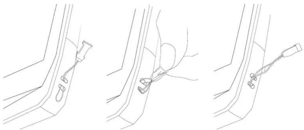 Three line drawings showing mechanical assembly steps: clamping, handling a tool, and connecting a cable (no text or symbols)