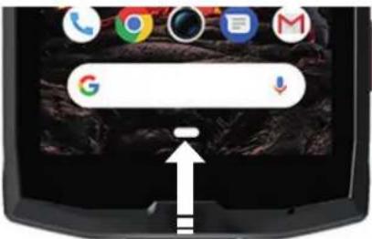 Smartphone home screen with Google search bar and navigation icons, showing a large upward arrow pointing to the search button.
