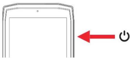 Simple line drawing of a tablet device with a red arrow pointing to the power button (no text or symbols)