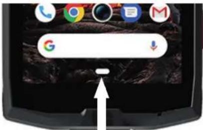 Smartphone home screen with Google search bar and navigation icons, showing a location pin with an arrow pointing to it.
