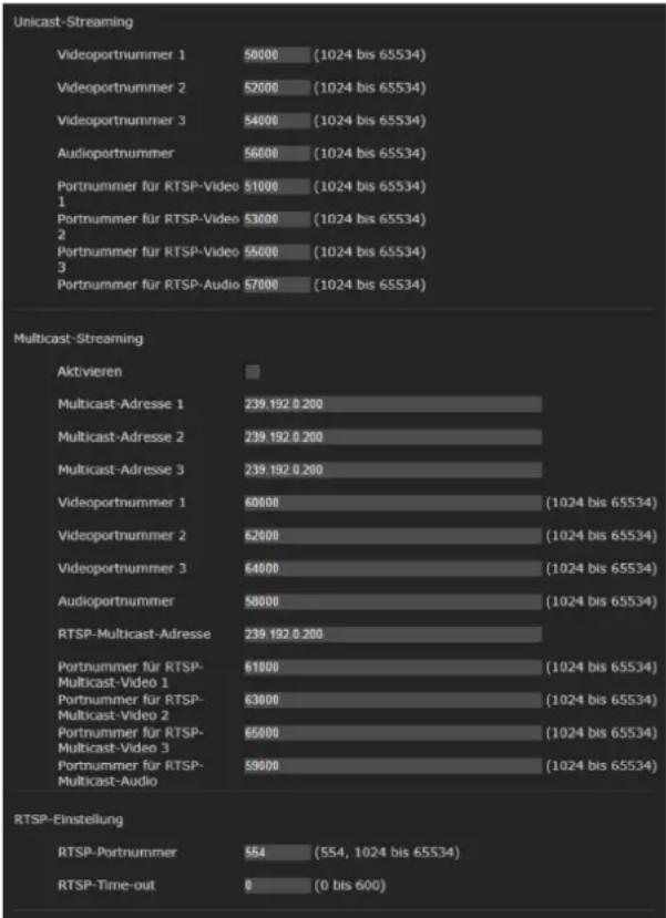Unicast-Streaming | Category | Unicast Streaming (units) | Multicast Streaming (units) | | :--- | :--- | :--- | | Videoportnummer 1 | 50000 | 239.192.0.200 | | Videoportnummer 2 | 52000 | 239.192.0.200 | | Videoportnummer 3 | 54000 | 239.192.0.200 | | Audioportnummer | 56000 | 239.192.0.200 | | Port…