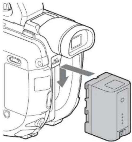 SONY PXW-FS5M2K - Drücken Sie den Akku hinein, und schieben Sie ihn bis zum Einrasten abwärts. - 1