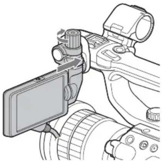 SONY PXW-FS5M2K - Drehen Sie den Verriegelungsknauf im Uhrzeigersinn, um den LCD-Bildschirm zu sichern. - 1