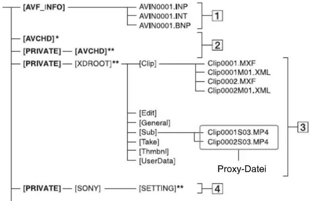 graph TD A["[AVF_INFO"]] --> B["AVIN0001.INP"] A --> C["AVIN0001.INT"] A --> D["AVIN0001.BNP"] E["[AVCHD"]*] --> F["[PRIVATE"] -["AVCHD"]**] G["[PRIVATE"] -["XDROOT"]**] --> H["[Clip"]] H --> I["Clip0001.MXF"] H --> J["Clip0001M01.XML"] H --> K["Clip0002.MXF"] H --> L["Clip0002M01.XML"] M["[PRIVATE"…