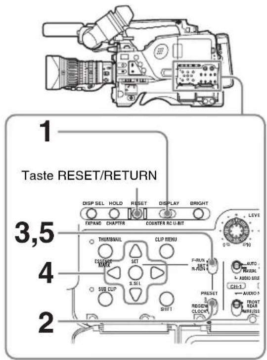 1 Taste RESET/RETURN 3,5 4 2 DISP SEL HOLD RESET DISPLAY BRIGHT EXPAND CHAPTER COUNTER BC U-BIT LEVE 0 10 THUMBNAL CLIP MENU ESENUE SET F-RUN MARK R-RUN SUB CUP S.S.L. SHIFT PRESSET REGEN CLOCK AUTO THUAL AUDIO SEE CH-1 AUDIO N FRONT REAR NETLESS