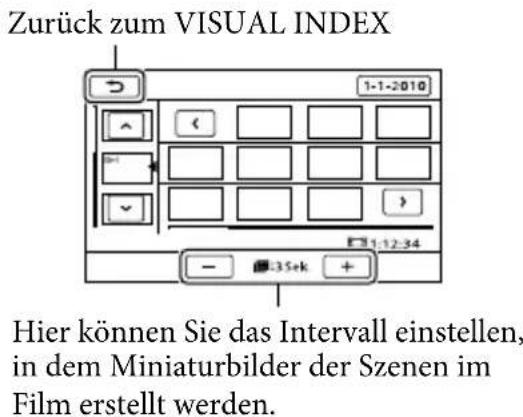 Zurück zum VISUAL INDEX Hier können Sie das Intervall einstellen, in dem Miniaturbilder der Szenen im Film erstellt werden.