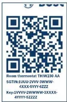 Room thermostat THIW230 AA SGTIN:1UUU-2VVV-3WWW- 4XXX-5YYY-6ZZZ Key:1VVVV-2WWWW-3XXXX- 4YYYY-5ZZZZ