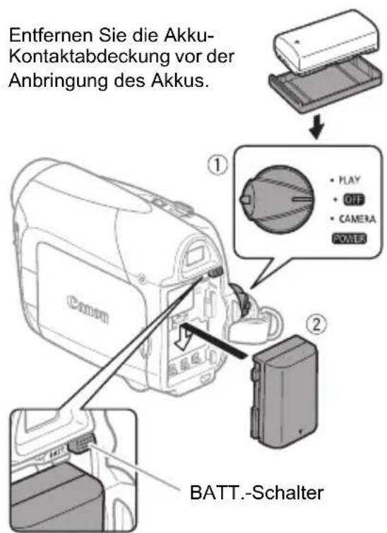 Entfernen Sie die Akku- Kontaktabdeckung vor der Anbringung des Akkus. ① • PLAY • OFF • CAMERA POWER ② BATT.-Schalter