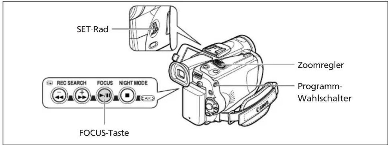 SET-Rad REC SEARCH FOCUS NIGHT MODE CARD FOCUS-Taste Zoomregler Programm-Wahlschalter Canon