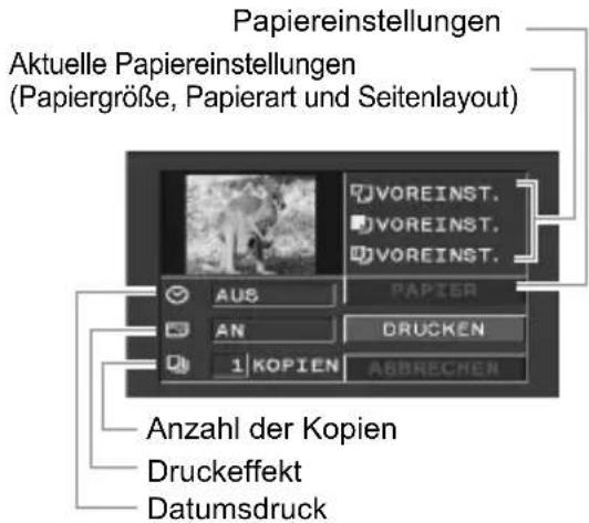 Papiereinstellungen Aktuelle Papiereinstellungen (Papiergröße, Papierart und Seitenlayout) Anzahl der Kopien Druckeffekt Datumsdruck