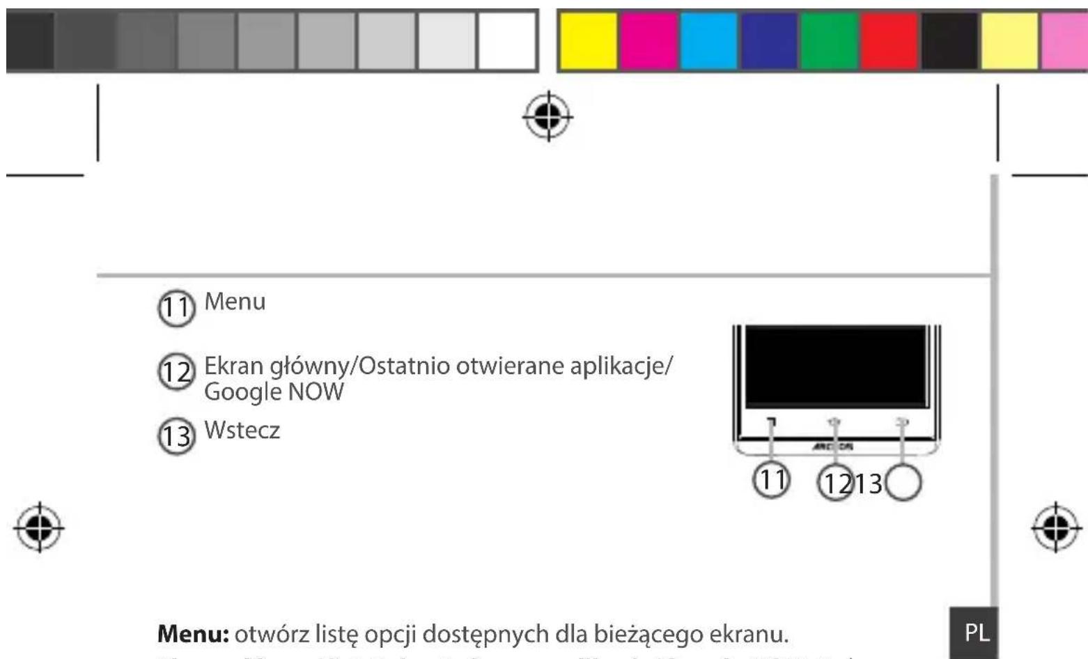 ⑪ Menu ⑫ Ekran główny/Ostatnio otwierane aplikacje/ Google NOW ⑬ Wstecz Menu: otwórz listę opcji dostępnych dla bieżącego ekranu. PL