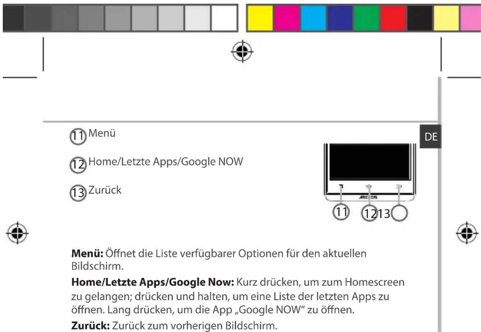 11 Menü 12 Home/Letzte Apps/Google NOW 13 Zurück DE 11 1213 Menü: Öffnet die Liste verfügbarer Optionen für den aktuellen Bildschirm. Home/Letzte Apps/Google Now: Kurz drücken, um zum Homescreen zu gelangen; drücken und halten, um eine Liste der letzten Apps zu öffnen. Lang drücken, um die App „Google NOW“ zu öffnen. Zurück: Zurück zum vorherigen Bildschirm.