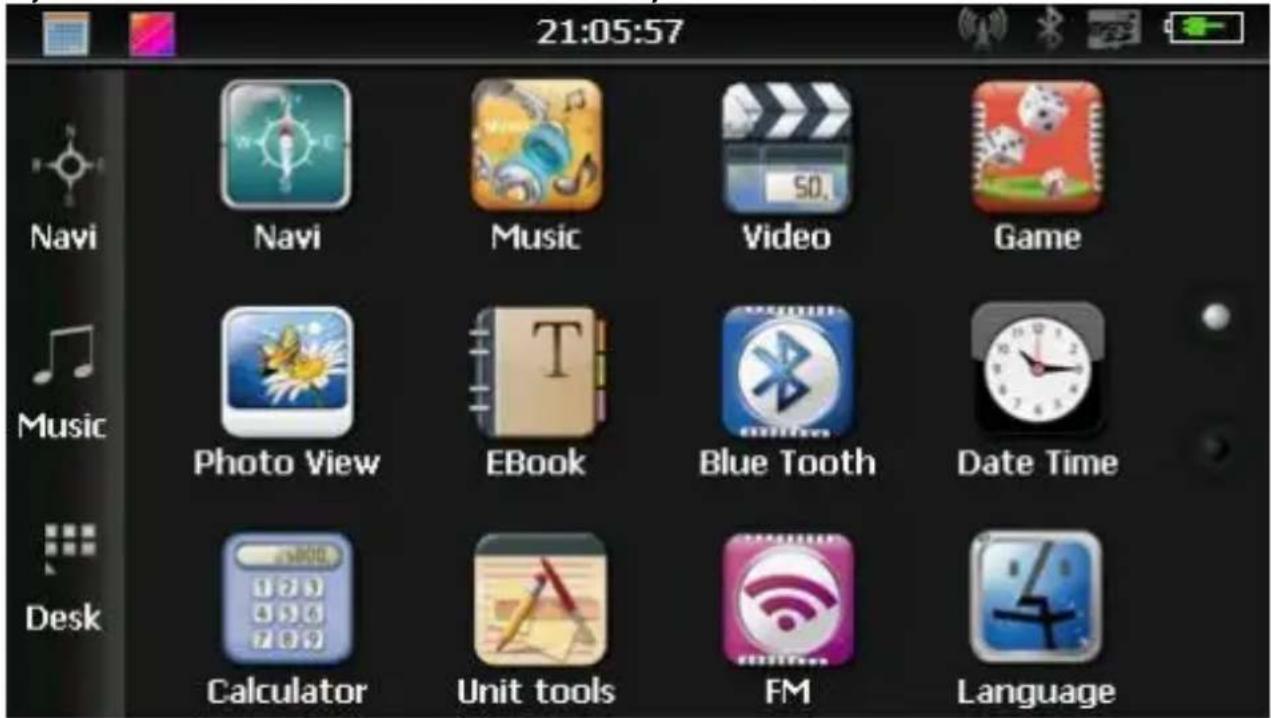 21:05:57 Navi Music Video Game Photo View EBook Blue Tooth Date Time Desk Calculator Unit tools FM Language
