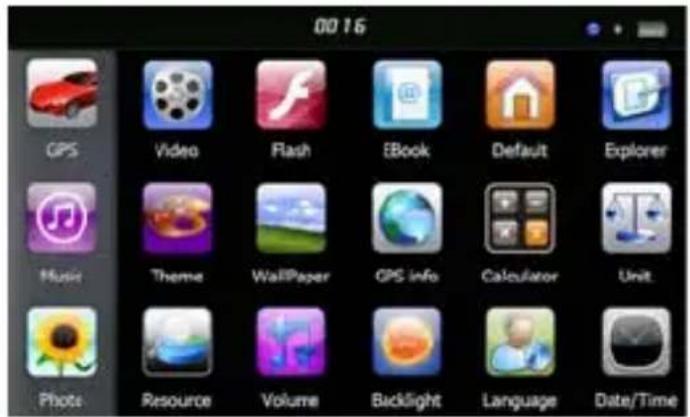 0016 GPS Video Flash EBook Default Explorer Music Theme WallPaper GPS Info Calculator Unit Photo Resource Volume Backlight Language Date/Time