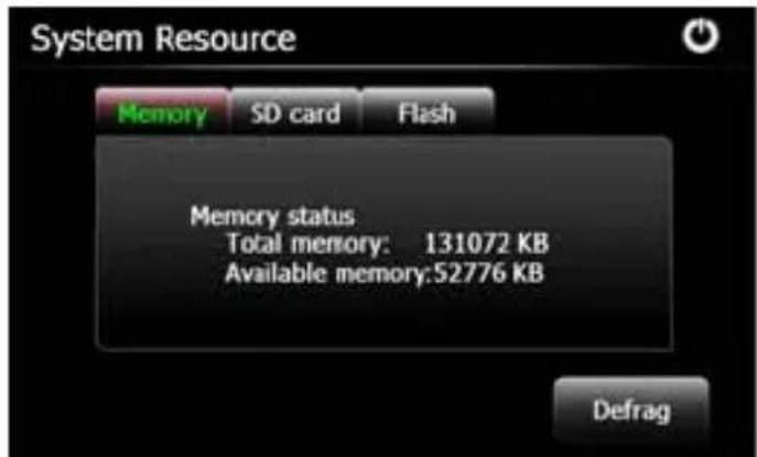 System Resource Memory SD card Flash Memory status Total memory: 131072 KB Available memory:52776 KB Defrag