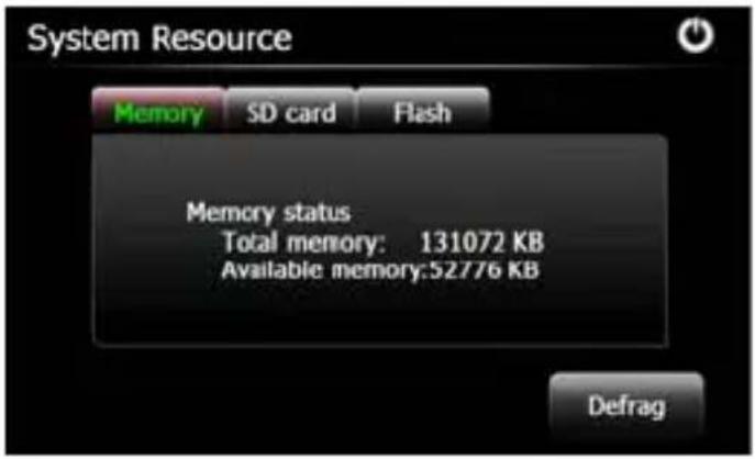 System Resource Memory SD card Flash Memory status Total memory: 131072 KB Available memory:52776 KB Defrag