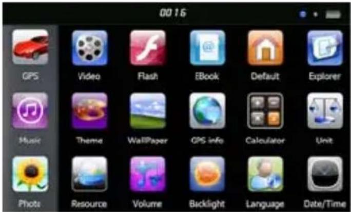 00 16 GPS Video Flash EBook Default Explorer Music Theme WallPaper GPS info Calculator Unit Photo Resource Volume Backlight Language Date/Time