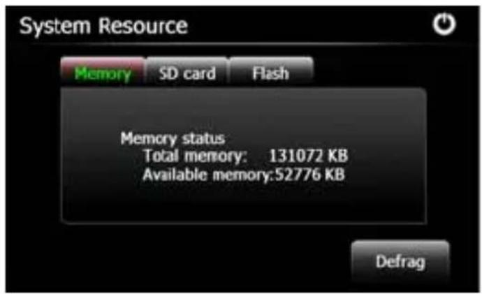 System Resource Memory SD card Flash Memory status Total memory: 131072 KB Available memory:52776 KB Defrag