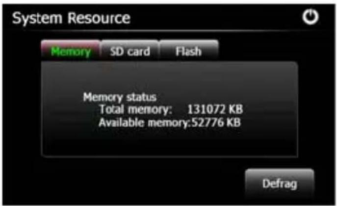 System Resource Memory SD card Flash Memory status Total memory: 131072 KB Available memory:52776 KB Defrag