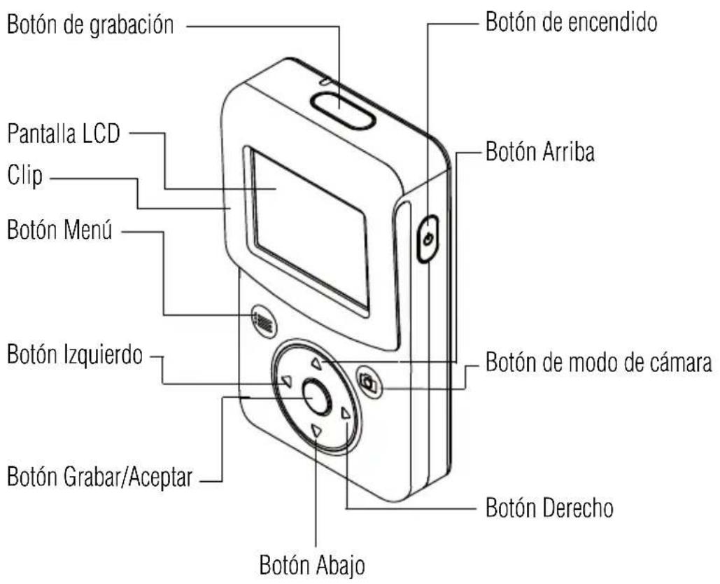 Botón de grabación Pantalla LCD Clip Botón Menú Botón Izquierdo Botón Grabar/Aceptar Botón Abajo Botón Derecho Botón de modo de cámara Botón Arriba Botón de encendido