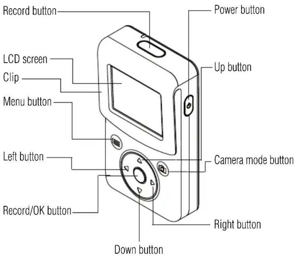 Record button LCD screen Clip Menu button Left button Record/OK button Power button Up button Camera mode button Right button Down button