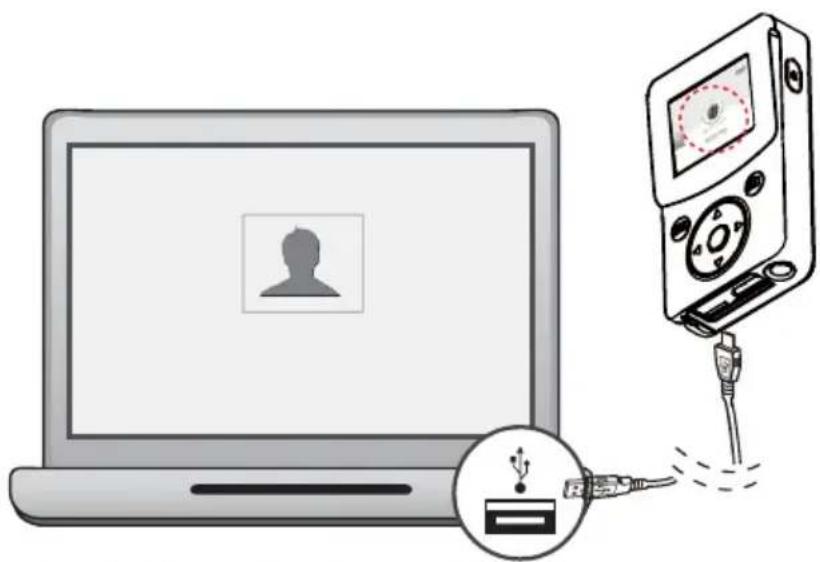 Diagram showing a laptop connected to an audio recording device via USB cable, with a user profile icon and signal output.