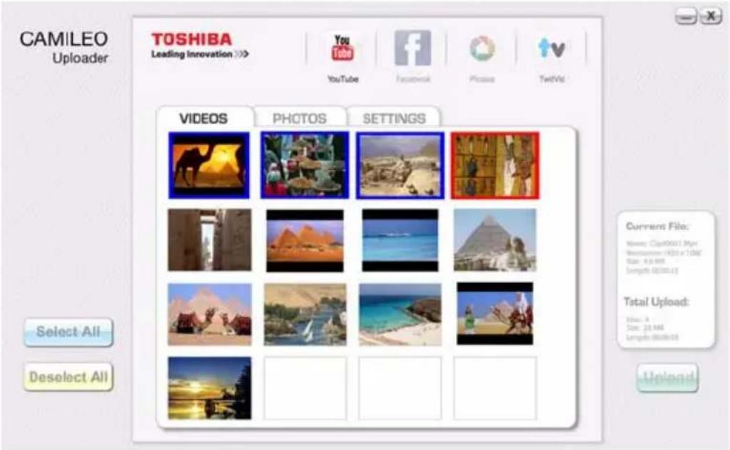 CAMILEO Uploader TOSHIBA Leading Innovation >> YouTube Facebook Phone TwitVdc Videos PHOTOS SETTINGS Current File: New: Cip00013 Mpa RestSummer (H2) x 106/ Size: A-5 MB Length: 0.00013 Total Upload: Date: A Size: 24 MB Length: 0.00013 Unload Select All Deselect All