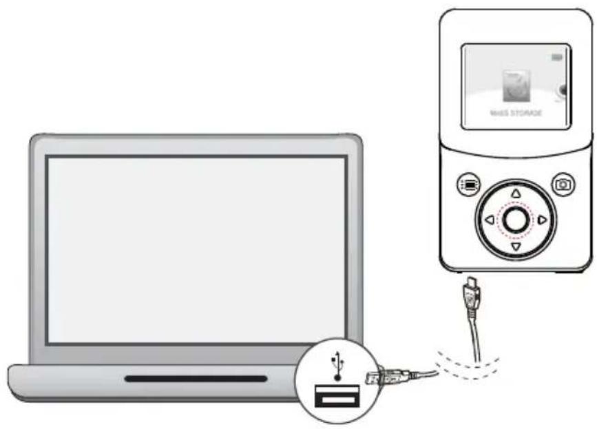 Diagram showing a laptop connected to a wireless storage device via USB cable, with an icon indicating the connection.