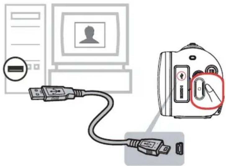 Diagram showing connection between a computer interface and a device with a close button, alongside a USB cable and a separate connector.