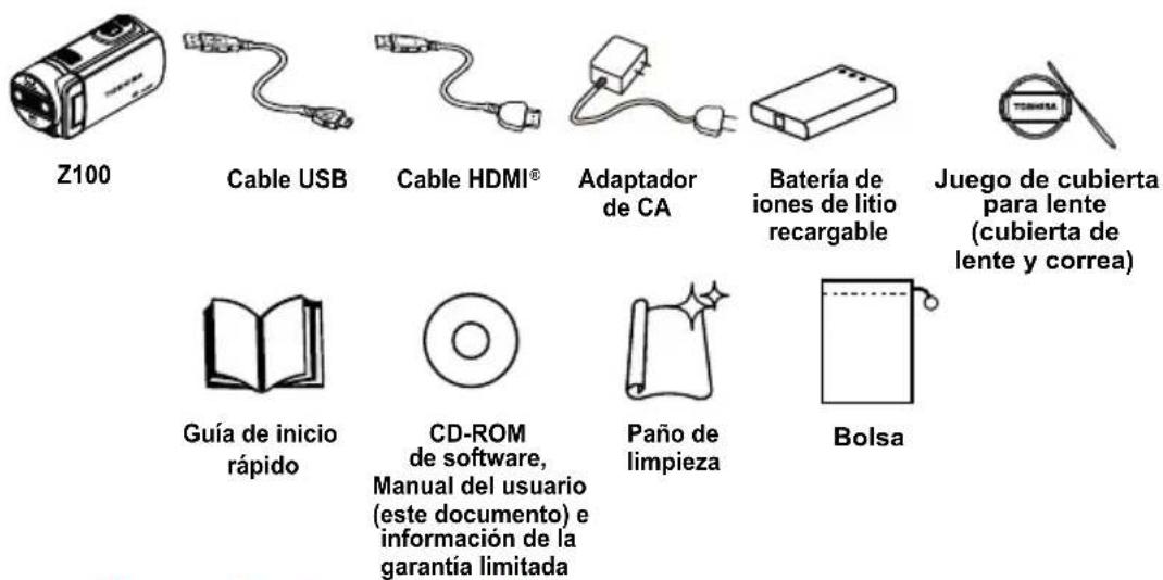 Z100 Cable USB Cable HDMI® Adaptador de CA Batería de iones de litio recargable Juego de cubierta para lente (cubierta de lente y correa) Guía de inicio rápido CD-ROM de software, Manual del usuario (este documento) e información de la garantía limitada Paño de limpieza Bolsa