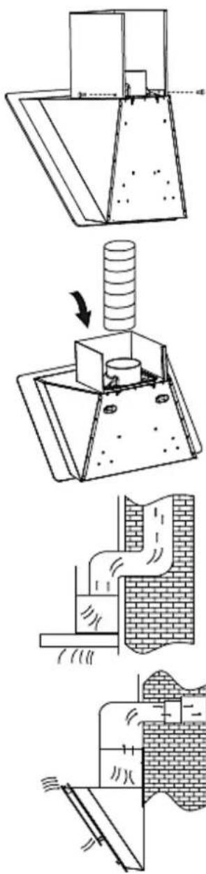 Technical diagram illustrating four stages of a building ventilation system with labeled components and directional arrows.