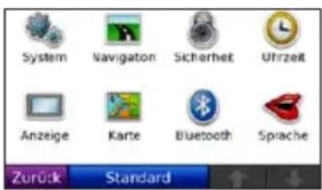 System Navigation Sicherheit Uhrzeit Anzeige Karte Bluetooth Sprache Zurück Standard