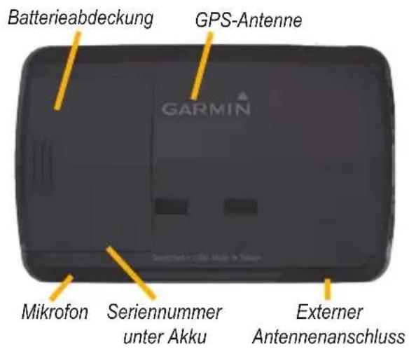 Batterieabdeckung GPS-Antenne GARMIN Mikrofon Seriennummer unter Akku Externer Antennenanschluss