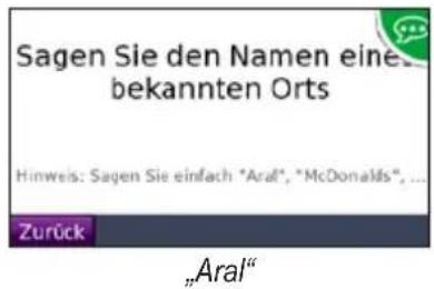 Sagen Sie den Namen eine bekannten Orts Hinweis: Sagen Sie einfach "Aral", "McDonalds", ... Zurück „Aral“