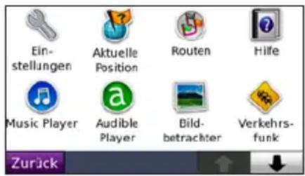 Ein- stellungen Aktuelle Position Routen Hilfe Music Player Audible Player Bild- betrachter Verkehrs- funk Zurück