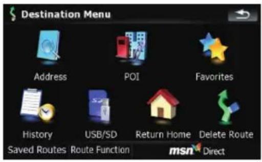 Destination Menu Address POI Favorites History USB/SD Return Home Delete Route Saved Routes Route Function msn Direct